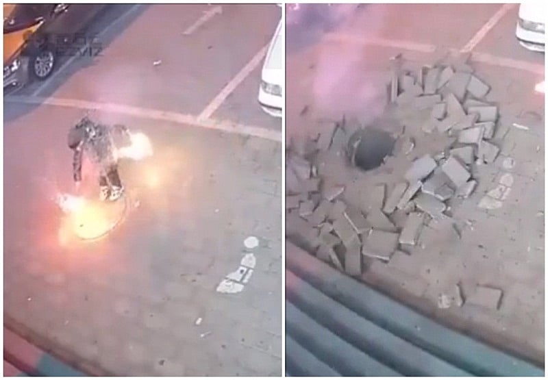 Watch Video! Chinese kid blows sidewalk after he drops lit firework in a manhole