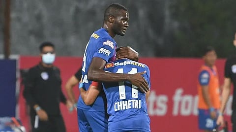  Sunil Chhetri celebrates with Prince Ibara after scoring his 48th career ISL goal.&nbsp;