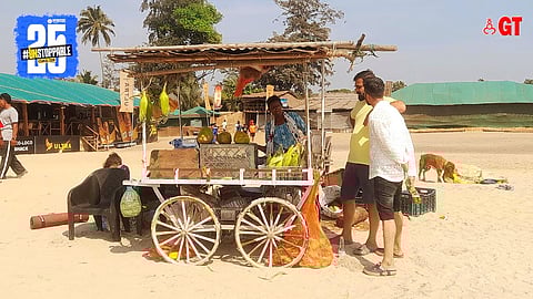 At local beach carts, tourists enjoy light bites.