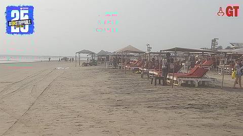 The empty beach beds in Morjim, North Goa. 