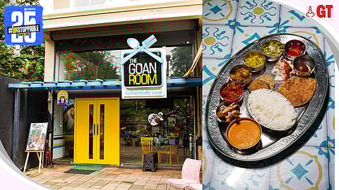 The exterior of the restaurant (left) and the 'Patrao Thali' (right).