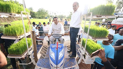 Goa’s chief minister, Pramod Sawant (left), operated a rice transplanter during the launch of the kharif season on World Environment Day. Fr George Quadros (right) is also seen.