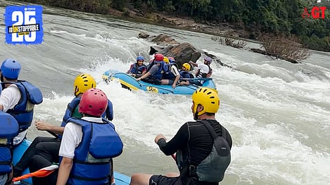 Tourists enjoy white water rafting on the Mhadei River.  