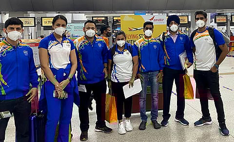 Indian contingent ready to leave for the Games Village ahead of the Tokyo2020 Olympics, in Tokyo on Sunday