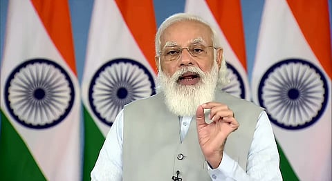 Prime Minister Narendra Modi addresses the inaugural conclave of Shikshak Parv through video conferencing, in New Delhi on Tuesday.