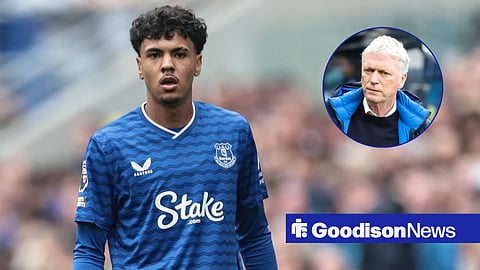 Everton star Adam Aznou in action, David Moyes looking frustrated in inset.