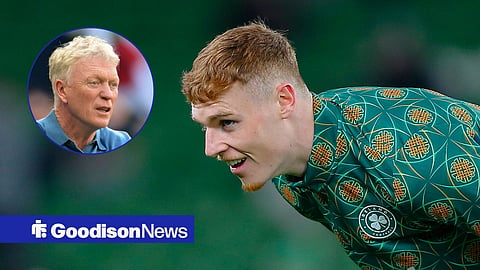 Jake O'Brien warming up for Republic of Ireland, with David Moyes in a circular frame inset