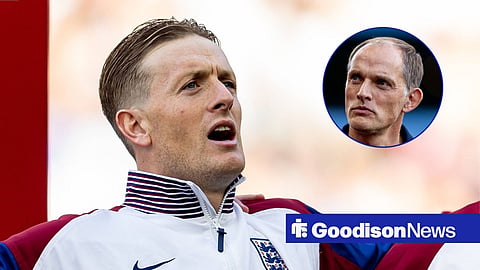 Everton star Jordan Pickford in England action, Thomas Tuchel in inset.
