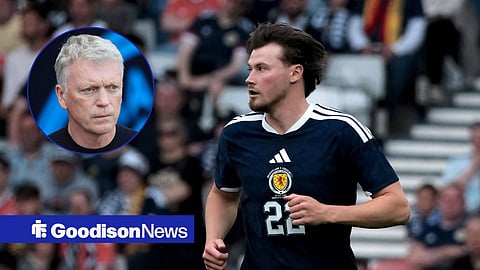 Nathan Patterson playing for Scotland, with David Moyes in a circular frame inset