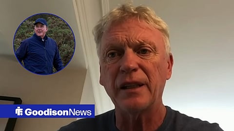 David Moyes looking towards a circular frame inset of Dan Friedkin