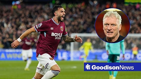 West Ham star Valentin Castellanos in action and Everton boss David Moyes in inset.