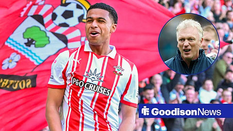 Southampton star Shea Charles celebrating at St Mary's Stadium alongside David Moyes, Everton manager, who is at the Molineux Stadium.