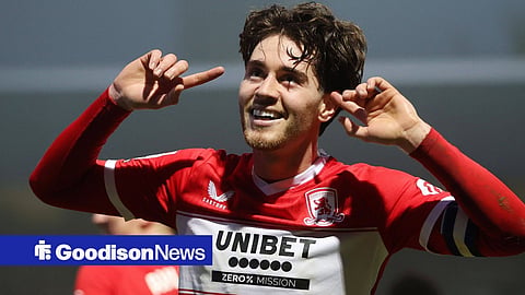Hayden Hackney of Middlesbrough goal celebration after scoring a goal to put Middlesbrough 3-0 ahead during the match between Queens Park Rangers FC and Middlesborough FC