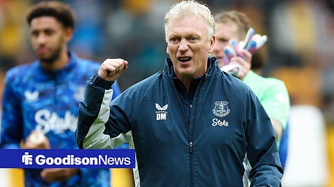 David Moyes, Manager of Everton, celebrates towards the fans following victory in the Wolverhampton Wanderers vs Everton