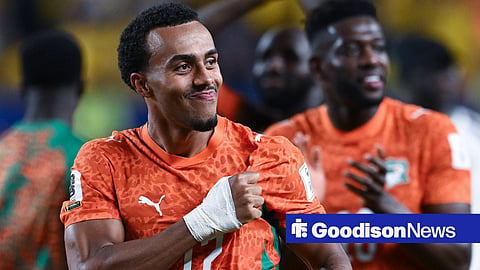 Guela Doue playing for Ivory Coast against Tunisia at the World Cup