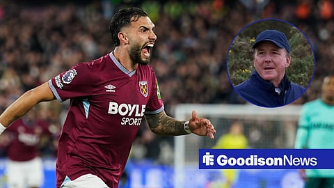 West Ham's Taty Castellanos celebrating a goal at the London Stadium, next to Dan Friedkin.