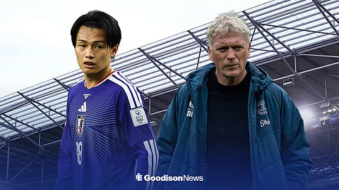 Ayase Ueda in action for Japan with Hill Dickinson Stadium in the background and David Moyes beside him