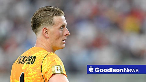 Jordan Pickford in World Cup action for England vs Croatia