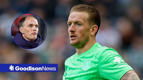 Jordan Pickford looking angry while playing for Everton, Thomas Tuchel in inset.