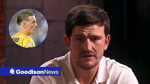 Harry Maguire speaking on The Rest is Football, with Jordan Pickford in action for England in a circular frame inset