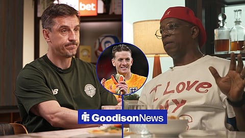 Gary Neville and Ian Wright speaking on Stick to Football and a circle inset of Jordan Pickford playing for England