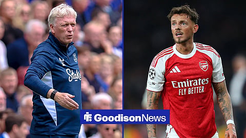 Everton manager David Moyes shouting instructions while in 50/50 split image next to Arsenal's Ben White, who is in action during a Champions League match.