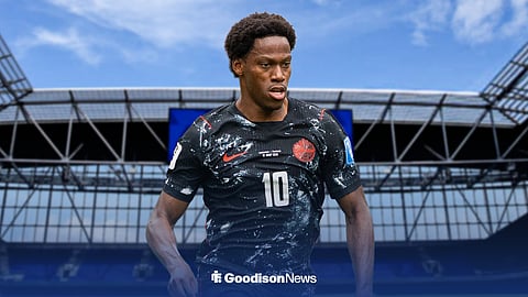 Jonathan David in action for Canada with Hill Dickinson Stadium as the background