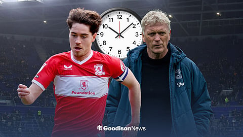 Hayden Hackney in action for Middlesbrough with Hill Dickinson in the background, David Moyes on the right and a clock between the pair