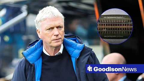 Everton boss David Moyes looking confused, Hill Dickinson Stadium in inset.