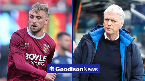 Jarrod Bowen of West Ham and Everton Manager David Moyes during the Newcastle United v Everton Premier League match at St. James Park, Newcastle Upon Tyne, England on 28 February 2026 .