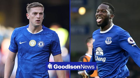 March 18th 2017, Liverpool, England; EPL Premier League football, Everton versus Hull City; Romelu Lukaku of Everton celebrates his goal in the 94th minute on the right, with Liam Delap in a Chelsea shirt on the left.