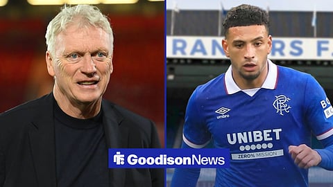 David Moyes smiling on the left with Ben Godfrey on the right in a Rangers kit
