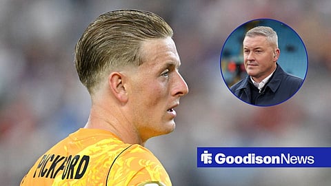 Jordan Pickford in action for England with Paul Robinson in circular inset