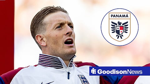 Everton star Jordan Pickford ahead of an England match, Panama badge in inset.