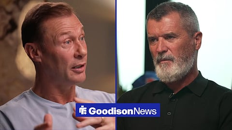 Duncan Ferguson speaking and Roy Keane looking annoyed