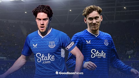 James Garner and Hayden Hackney, both wearing Everton shirts in front of Hill Dickinson. 