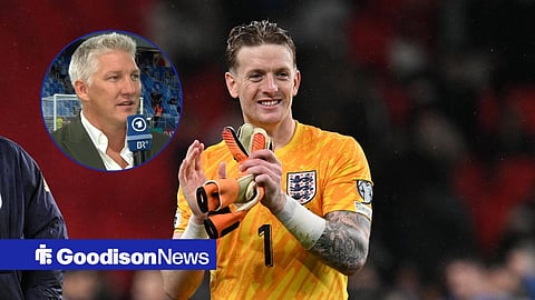 Jordan Pickford wearing an England kit, with a circular inset of Bastian Schweinsteiger.