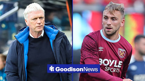 David Moyes at Hill Dickinson next to West Ham United's Jarrod Bowen.