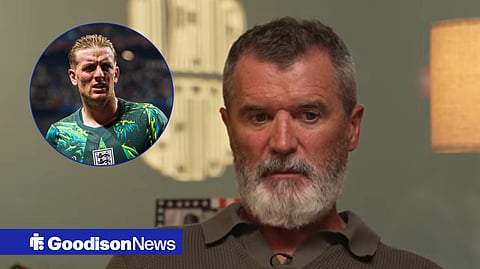 Roy Keane speaking on The Overlap, with Jordan Pickford in a circular frame inset