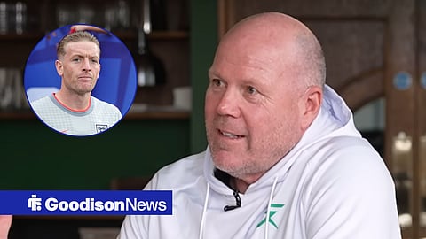 Brad Friedel during an interview on talkSPORT with Jordan Pickford warming up for England at 2026 World Cup in circular inset