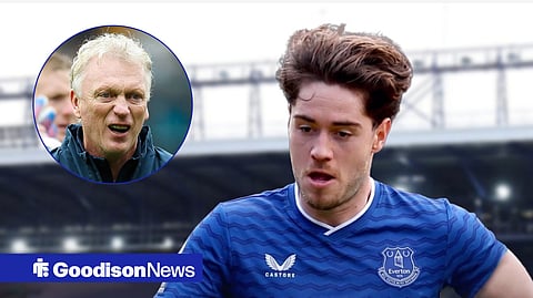 Hayden Hackney in an Everton shirt, David Moyes in inset looking happy.