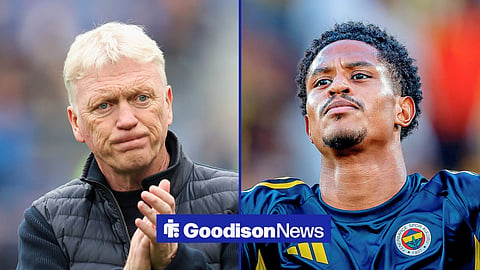 Split image of David Moyes clapping after managing in an Everton game and Jayden Oosterwolde looking on while playing for Fenerbahce