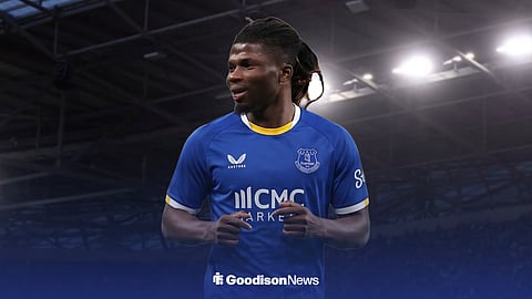 El Bilal Toure in an Everton shirt, while playing in front of Hill Dickinson Stadium.