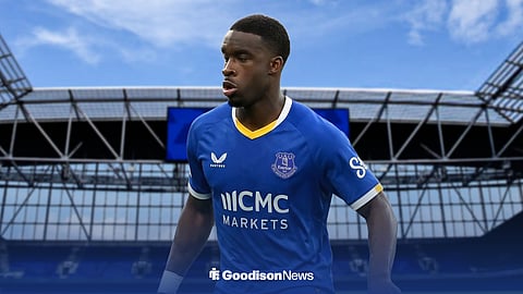 Mandela Keita in an Everton kit, with Hill Dickinson Stadium behind him