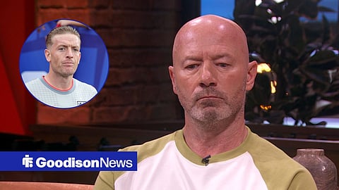 Alan Shearer speaking on The Rest is Football, with Jordan Pickford in a circular frame inset