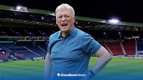 An image of Everton manager David Moyes shouting. In the background is a picture of Scotland stadium Hampden Park.