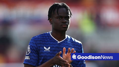 Tyrique George applauding Everton fans at the end of a game