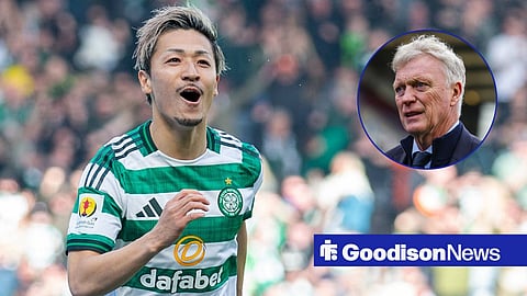 Daizen Maeda celebrating for Celtic next to a circle inset of David Moyes