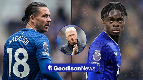 A side-by-side image of Jack Grealish and Tyrique George, and a circular inset of David Moyes