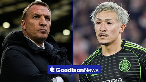Former Celtic manager Brendan Rodgers standing with his arms crossed and Daizen Maeda in action for Celtic.